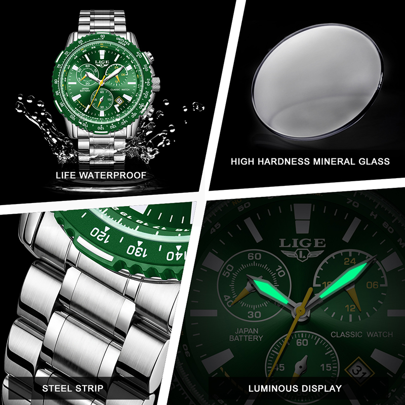 Relógio LIGE Novo Verde com Gr - Luxury Watch Green Dial avaliação e preço